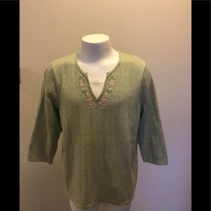 Petite Soft Green Knit Top V-neck w Lace Insert